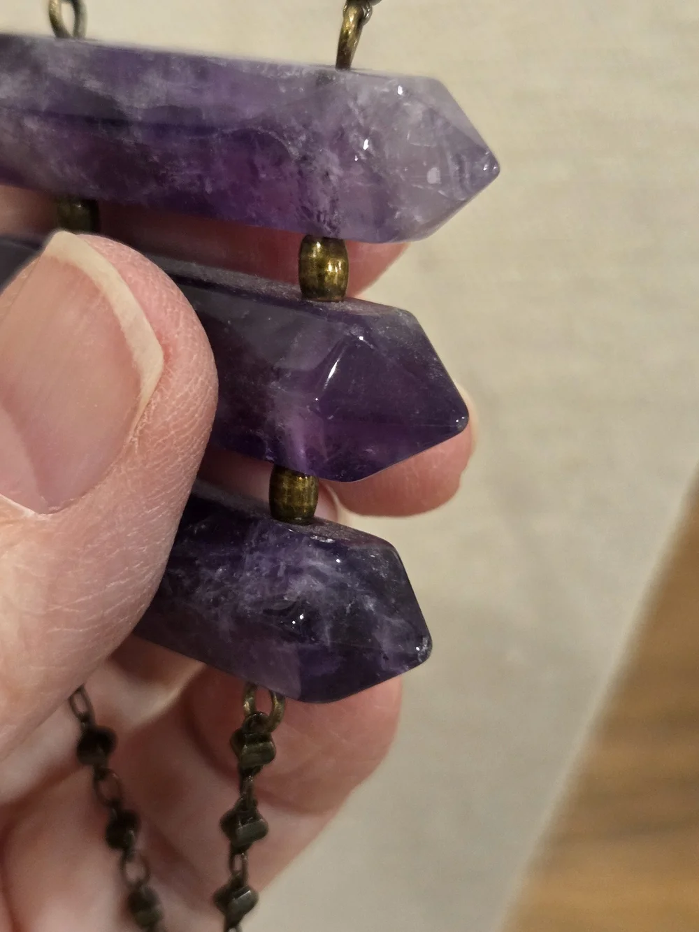 Amethyst Crystal Triple Bar Pendant Necklace - Total Drop 24